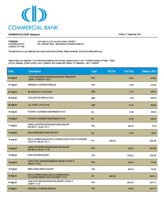 Modèle Word et PDF de relevé ferme de banque commerciale